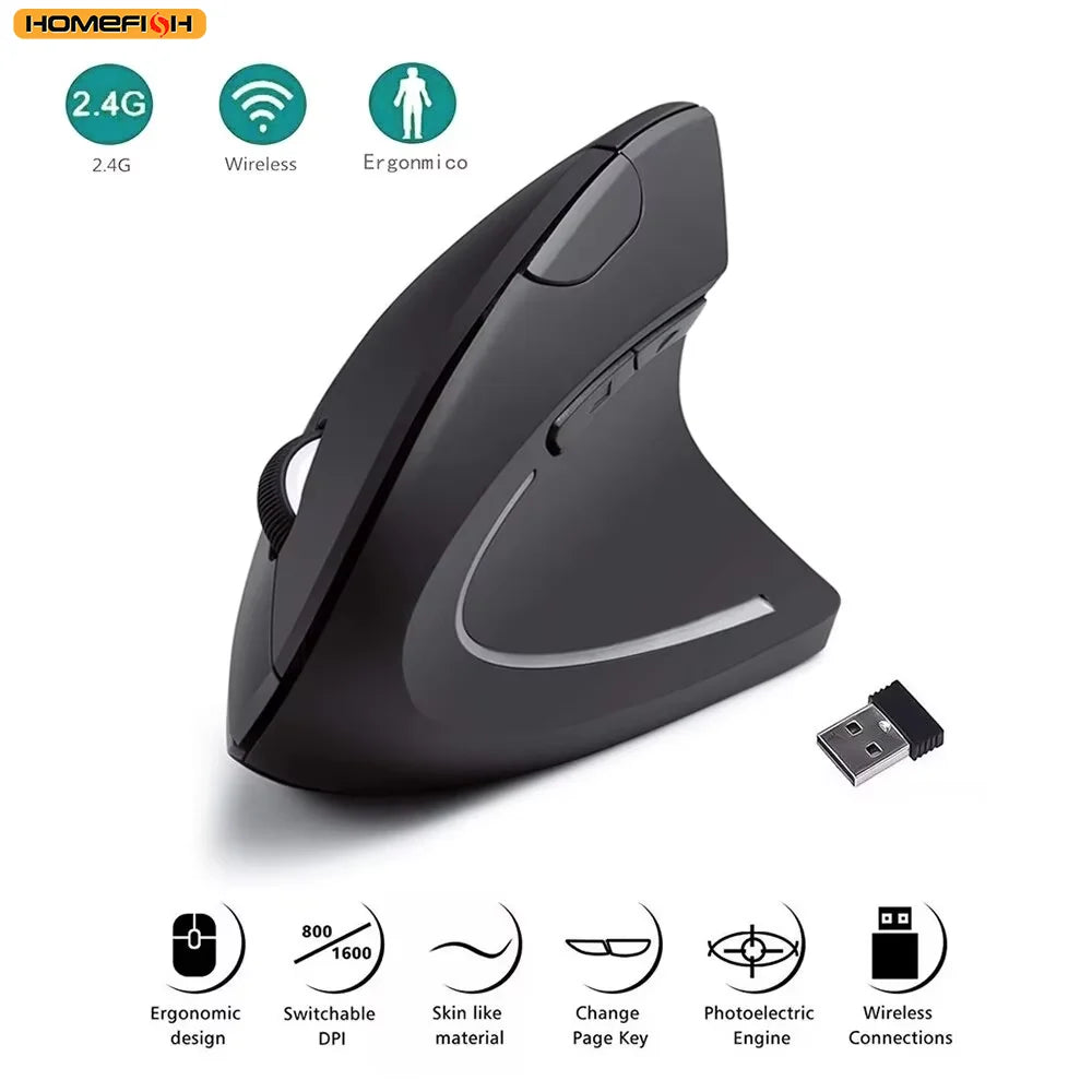 HOMEFISH Vertical Mouse Ergonomic 2.4GHz Wireless Optical Mice 3 Adjustable DPI 800/1200/1600 6 Buttons for Laptop PC Computer Main image