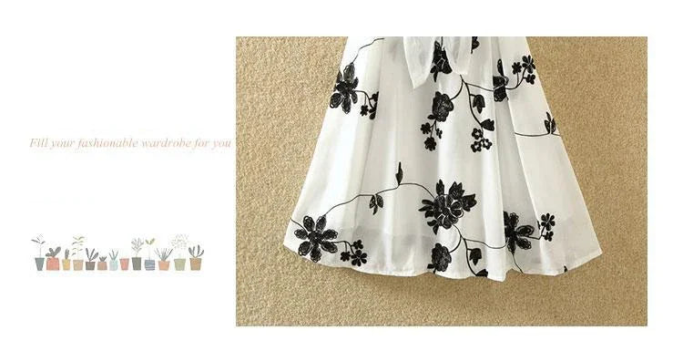 Elegant New Suit High Waist Sleeveless Slim A-line Skirt Floral Two-piece Dress Embroidery White Top Bow Belt Vintage Women