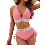 Sexy Deep V-Neck Bikini Swimsuit Set Women 2026 Summer Beach with Chest Cushion Swimwear High Waist Drawstring Triangle Bikini