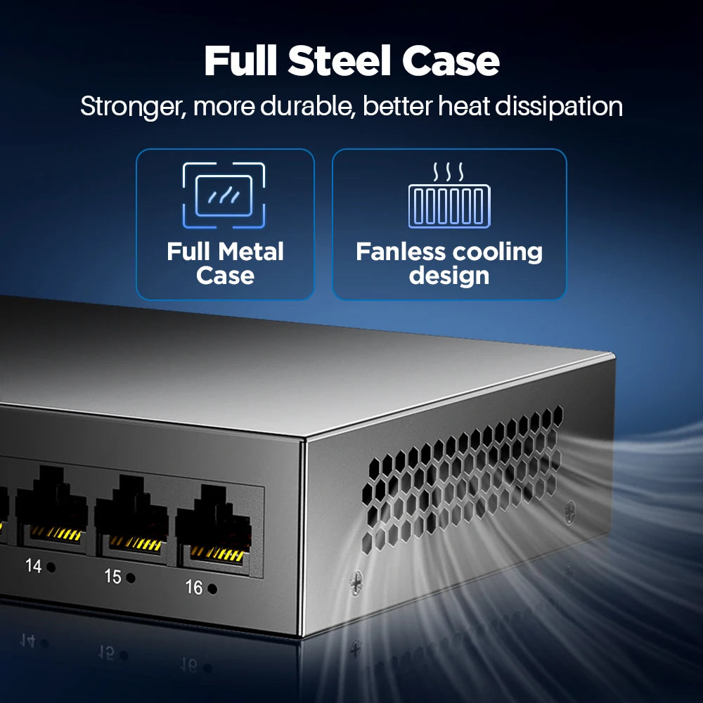 AMPCOM Network Switch 16 Ports Switch Ethernet 1000Mbps Gigabit High Performance Smart Switcher RJ45 Hub Internet Injector