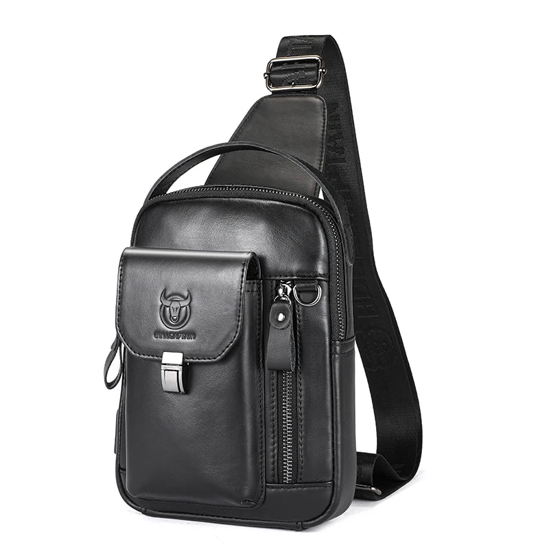 BULLCAPTAIN Men's Genuine Leather Chest Bag Casual Retro 7.9-inch Mobile Phone Bag Multifunctional Anti-Theft Crossbody Bag