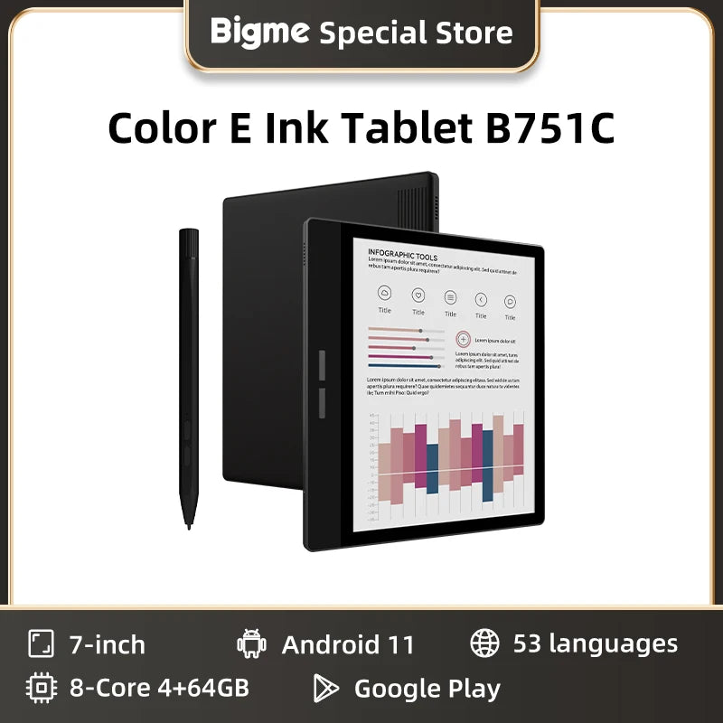 BIGME B751C Ebook Reader, 7 inch Color E-ink Screen Tablet, Portable Electronic Book ereader, Android 11 OS, support Google Play Ürün ana görseli