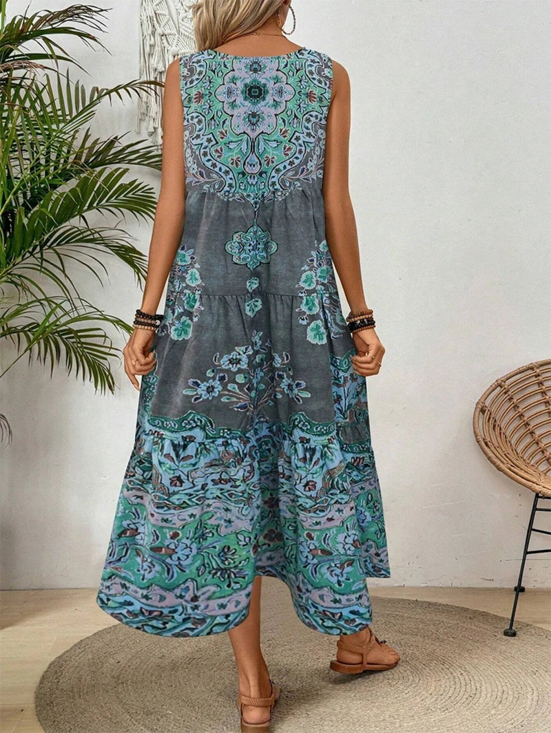 Summer print crew-neck sleeveless dress for women  suitable for casual or beach wear for holiday and long holiday Ürün ikincil görseli