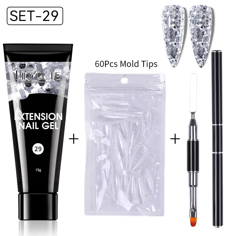LILYCUTE 15ml Extension Gel Nail Polish Set Quick Nail Prolong With Extend Mold Nail Tips Acrylic Solution Manicure Tools Kit