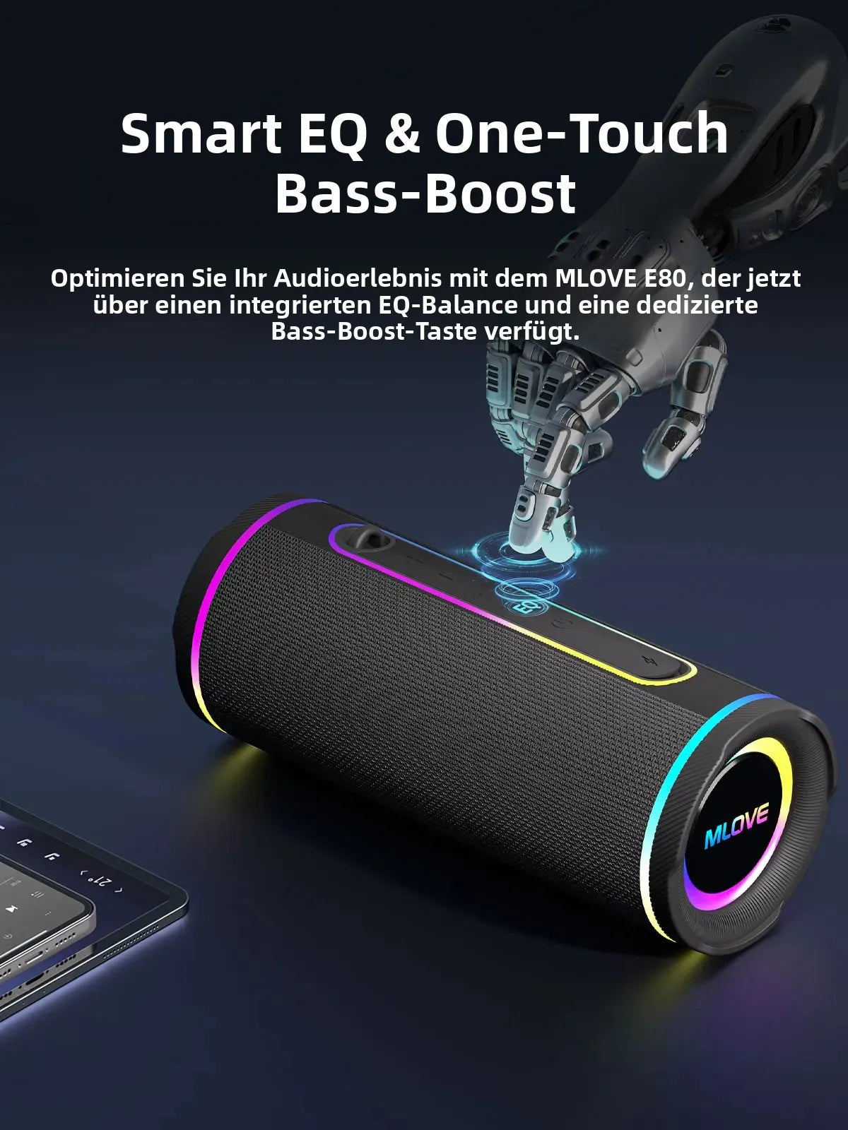 MLOVE E80 Portable Bluetooth Speaker – Powerful Dual Sound, Colorful RGB Lighting, Fully Waterproof (IPX7), TWS Enabled