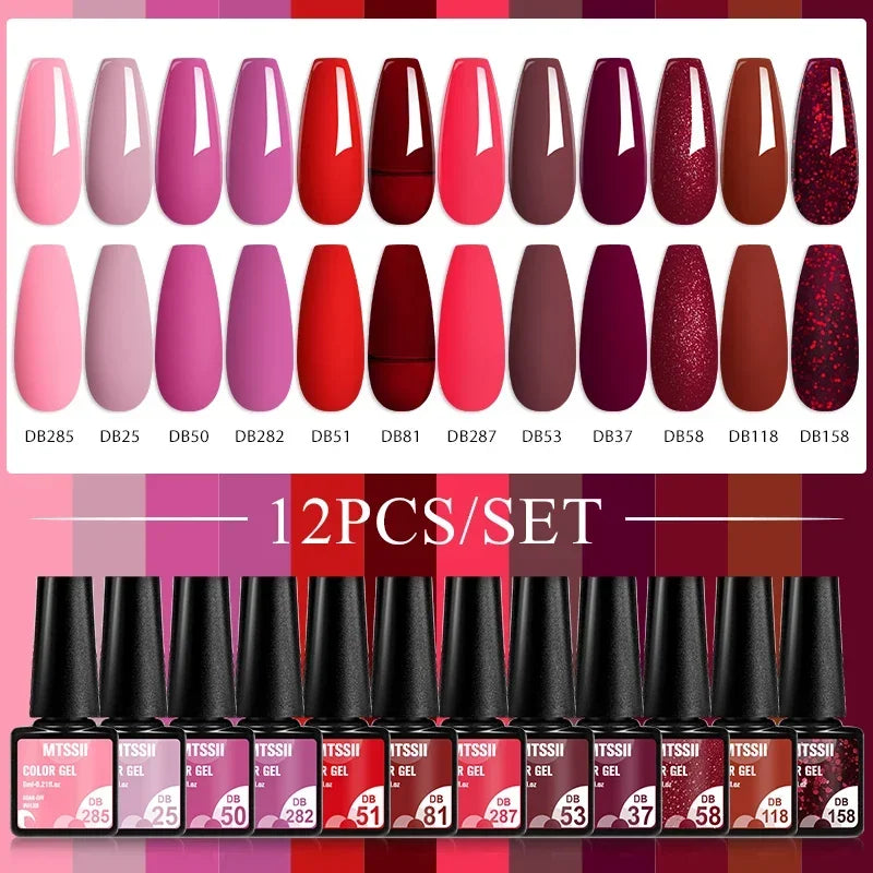 MTSSII 12pcs Gel Nail Polish Set Nude Pink Red Glitter Semi Permanent Soak Off  UV Gel Varnish Manicure Kit Nail Supplies DIY