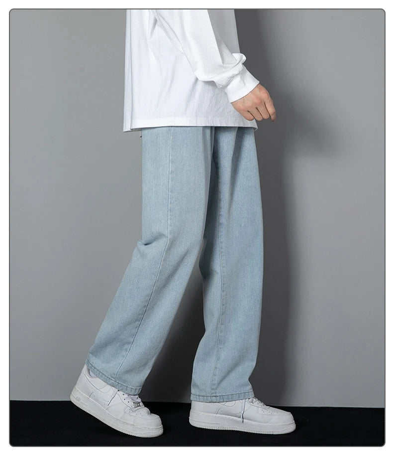 2026 New Korean Men's Casual Long Jeans Classic Man Straight Denim Wide-leg Pants Solid Color Light Blue Grey Black