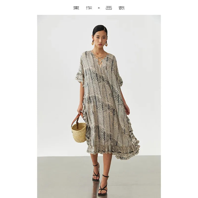 Animal Fiber Fabric~ Casual Dress for Women, Ruffled Silk Dress, Designer Niche Silk Long Dress, New Women's Fashion