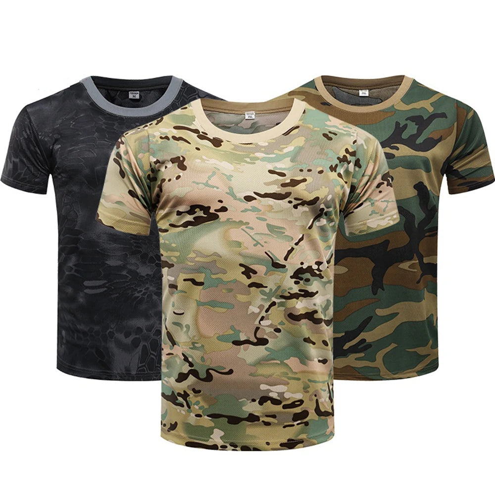 Outdoor Sports Men T-Shirts 3D Camouflage Quick Dry O Neck Short Sleeve Tops Shirt Camo Hiking Hunting T Shirt Ürün ana görseli