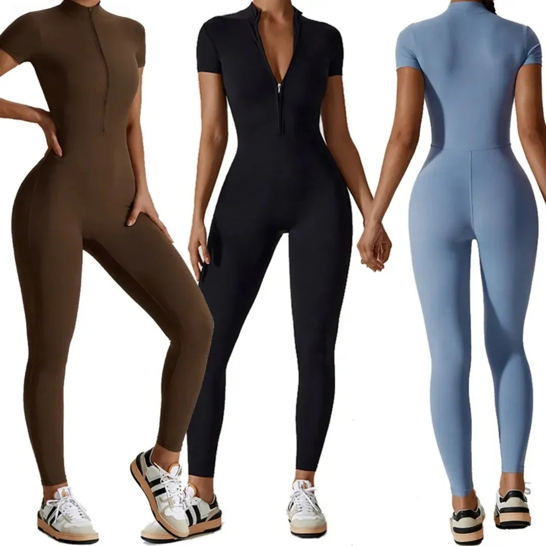 Naked zipper short sleeved yoga suit jumpsuit, quick drying breathable outdoor sports tight fitting jumpsuit, fitness suit Ürün ana görseli