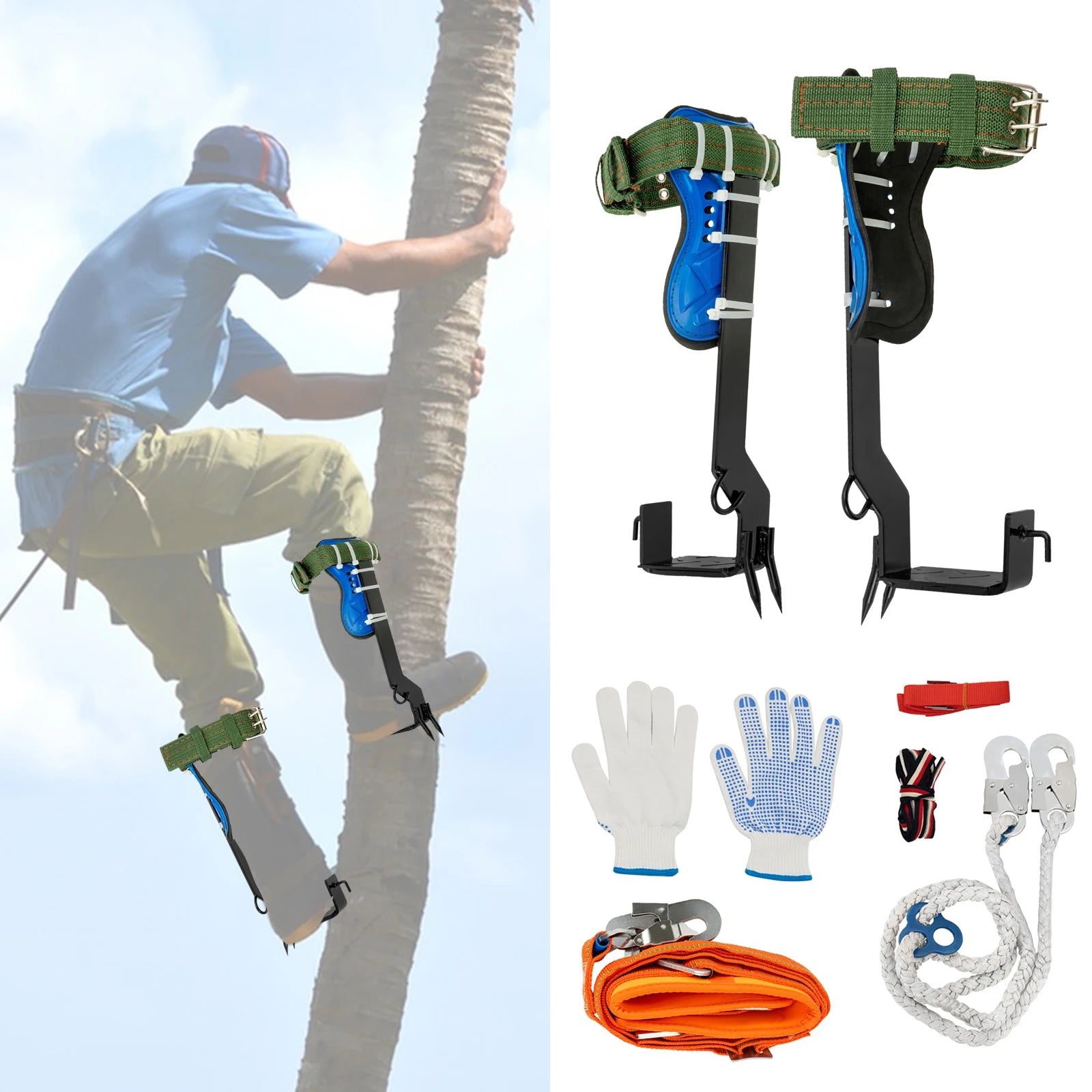Tree Climbing Tools with Safety Belt 2M Rope 45# Steel Wide Foot Pedal Comfortable Kit for Fruit Picking, Jungle Survival, Black Ürün ana görseli