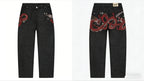 Y2K Black Washed Embroidered High-waisted Oversized Jeans Men European and American Retro Classic Loose Wide-leg Straight Pants