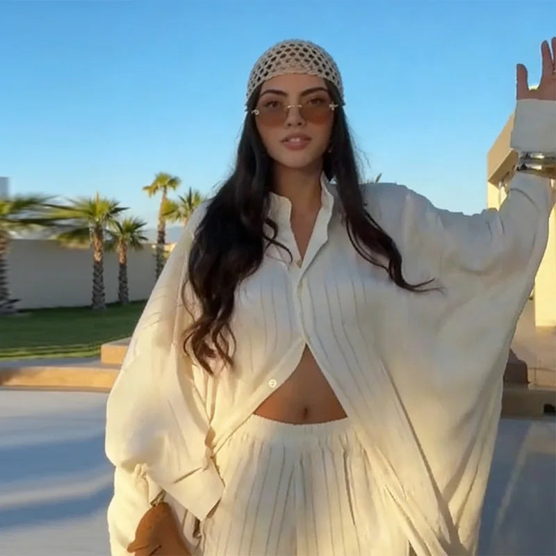 Beige Two Piece Set Women Oversized Button Down Shirt & High Waist Wide Leg Pants Y2k Summer Vacation Kaftan Outfit Ürün ana görseli