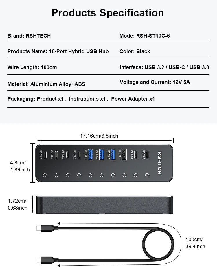 RSHTECH 10 in 1 USB C Hub 10Gbps USB-C with Individual Touch Switches Multiport Splitter Docking Station for MacBook Laptops PC