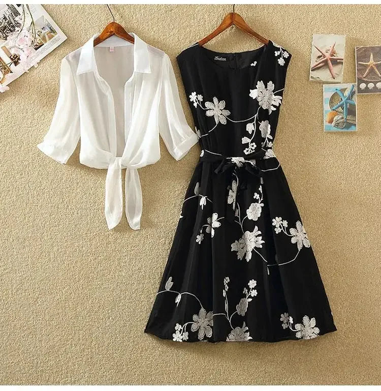 Elegant New Suit High Waist Sleeveless Slim A-line Skirt Floral Two-piece Dress Embroidery White Top Bow Belt Vintage Women