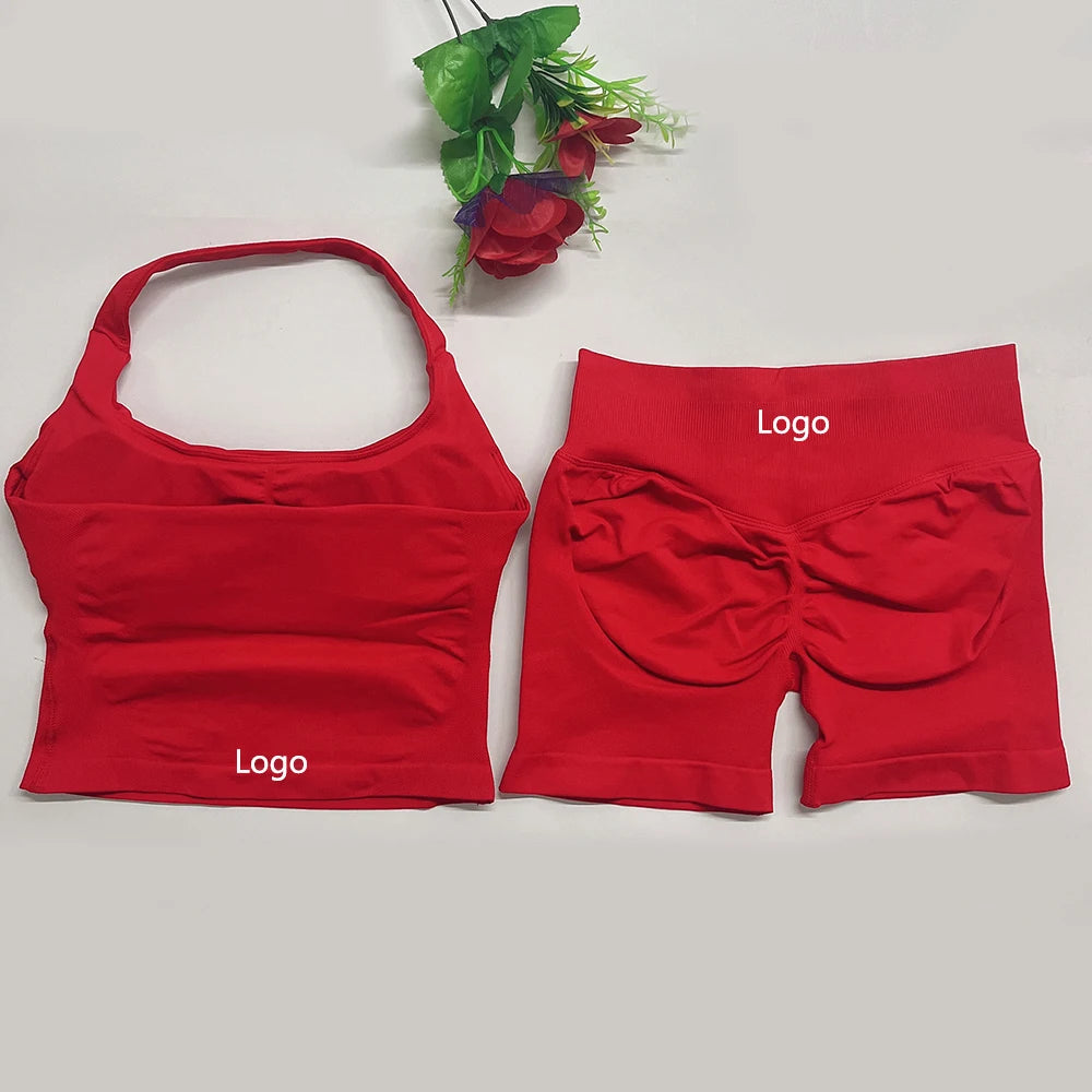 yoga outfits Women 2 pcs Sports DFNNYE Impact Set halterneck Backless Halter Top Seamless Scrunch Shorts Gym Workout Sports Suit