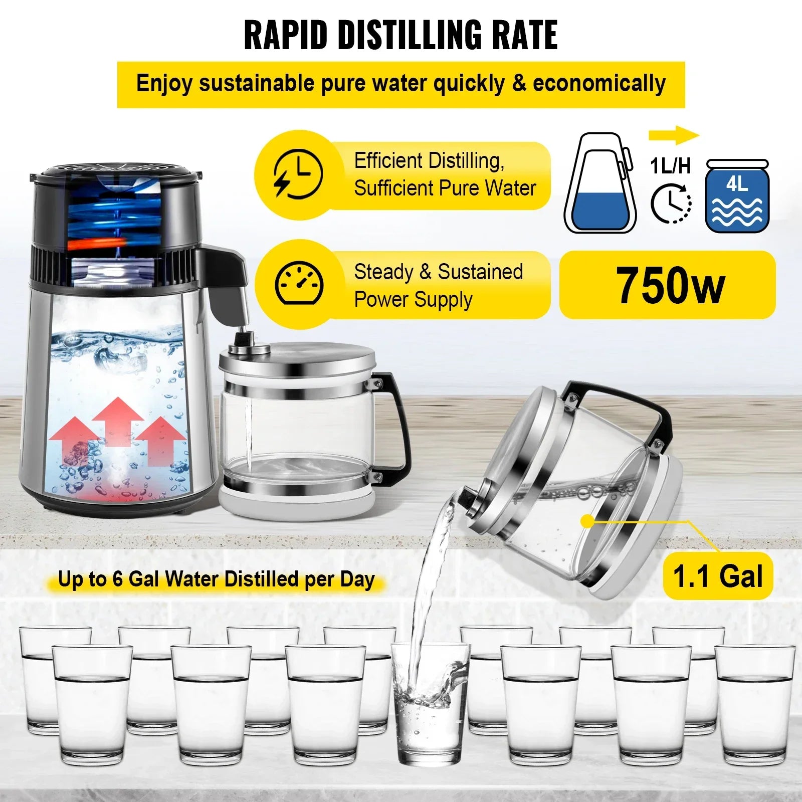 VEVOR 4L Water Distiller Filter Machine Distilled Distillation Purifier Moonshine Apparatus DIY Dispenser Kit for Home Appliance