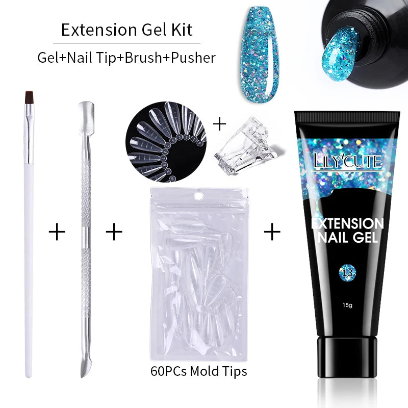 LILYCUTE 15ml Extension Gel Nail Polish Set Quick Nail Prolong With Extend Mold Nail Tips Acrylic Solution Manicure Tools Kit