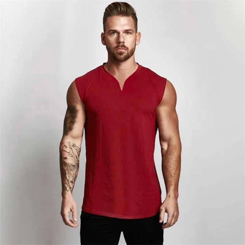 Summer Cotton Breathable V-neck Tank Tops Gym Workout Running Sport Sleeveless Shirt Mens Fitness Bodybuilding Muscle Clothing