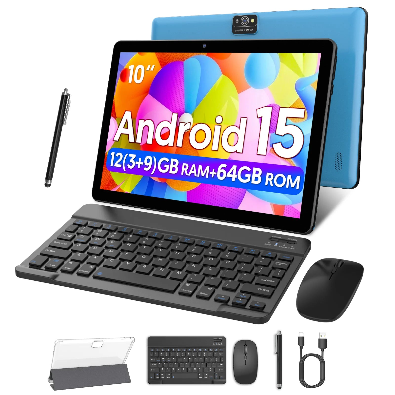 Android 15 Tablet, 10.0-inch screen, quad-core processor, 12GB RAM (3GB+9GB), 64GB storage, 2MP+8MP dual cameras，6000mAh Ürün ana görseli