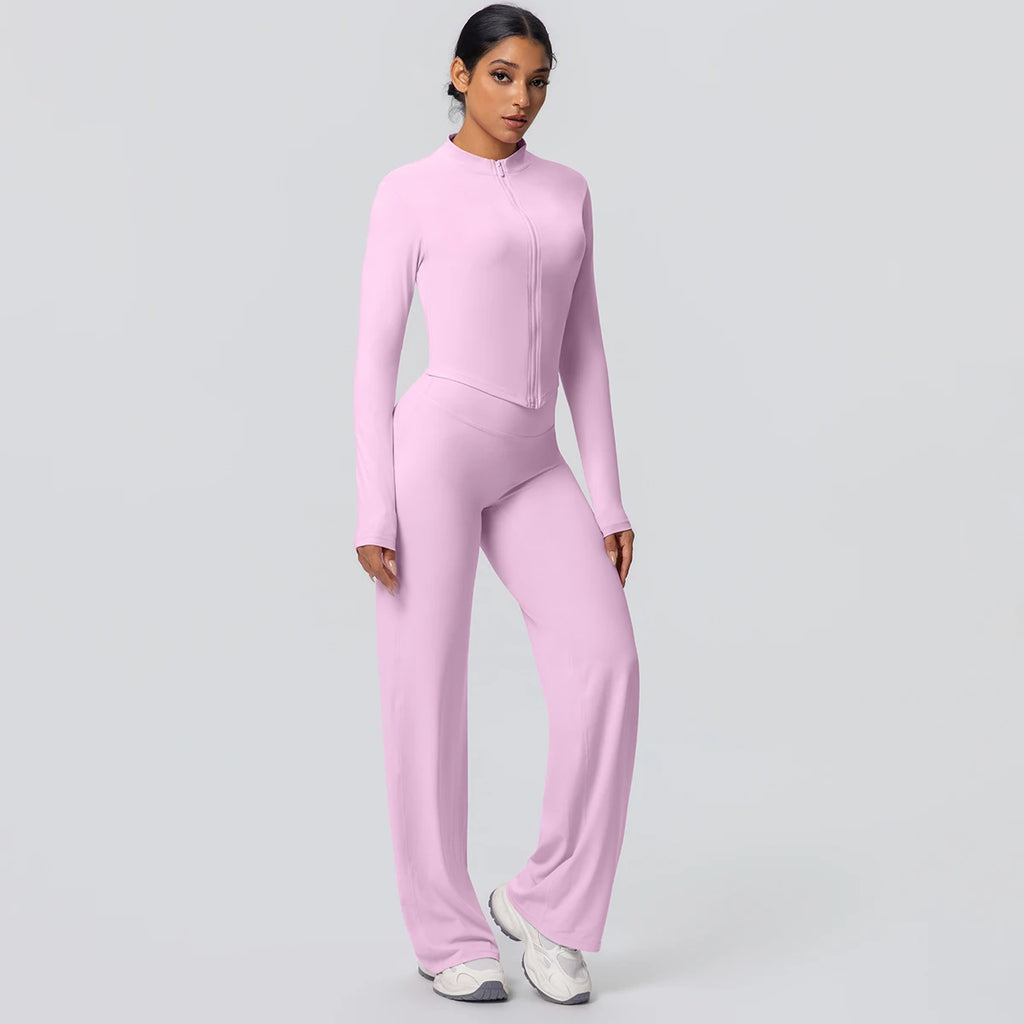 2pieces Quick Drying Sports Fitness Clothing Yoga Set Women Yoga Zipper Long Dleeves High Waisted Breathable Wide Leg Pants Set