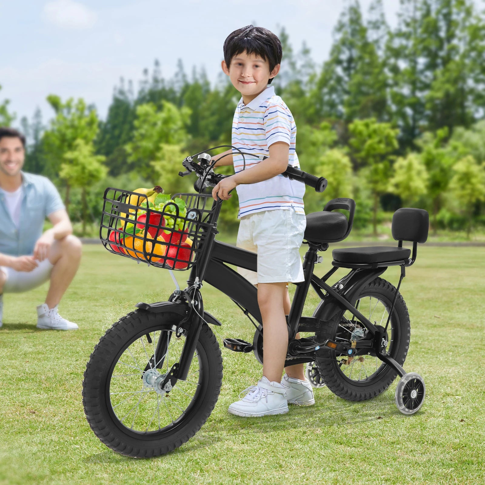 14" Kids Bike Adjustable Children's Bicycle Load 60kg w/Training Wheels+Basket+Backrest Rear Seat for 3-7 Year Old (White/Black) Main image