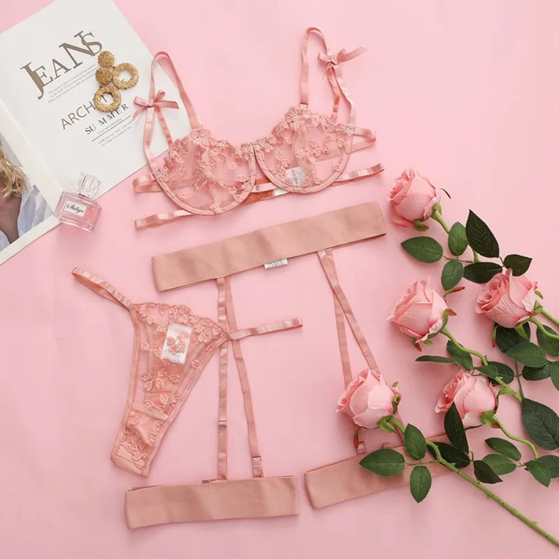 Lace Lingerie Set 3PC Sheer Bra Garter Belt Half Cup PushUp Underwear for Women