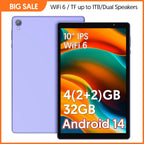 10-inch tablet, Android 14, quad-core processor, 4GB RAM (2GB+2GB expandable), 32GB storage, Wi-Fi, dual cameras, 6000mAh