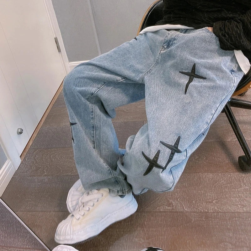 Prints Jeans Men 2023 New Streetwear Baggy Wide Leg Jeans Korean Fashion Drapes Straight Casual Loose Denim Cargo Pants Ürün ana görseli