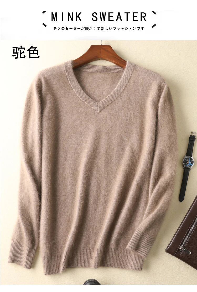 LHZSYY Men's 100% Mink Cashmere Large Size Sweaters Autumn Winter Solid V-neck Casual Knit Pullovers Men Long Sleeve Warm Jumper