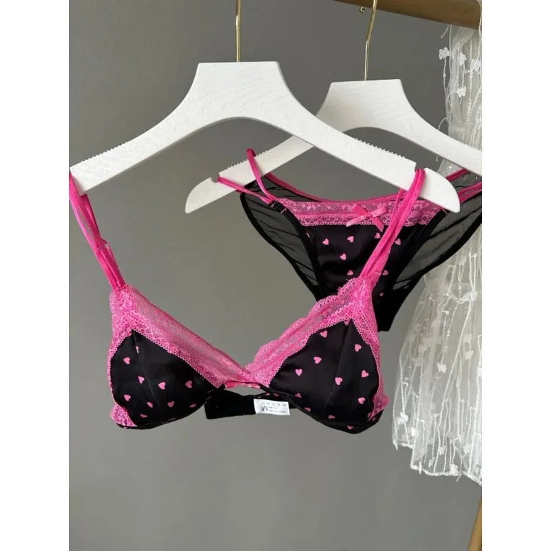 French Style Sweet Triangle Cup Lingerie Set Women Satin Lace Wireless Small Bust Gathered Thin Fabric Sexy Soft Underwear S-XL