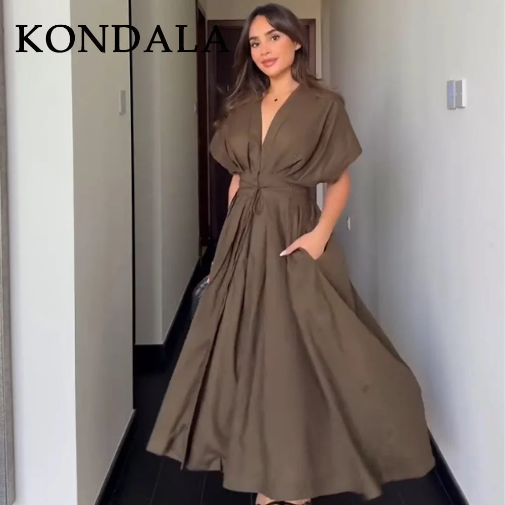 KONDALA 2026 Spring Summer Vintage Women Dress Fashion Single Breasted Sashes Draped V Neck Sleeveless Chic Brown Ladies Dresses Ürün ana görseli
