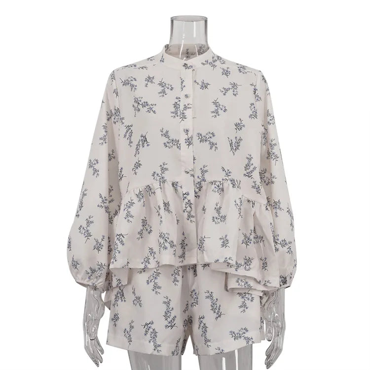 Casual Beige Print Women's Two Pieces Set Fashion Stand Collar Wrist Sleeve Ruffled Shirts And High Waisted Shorts Suit Woman