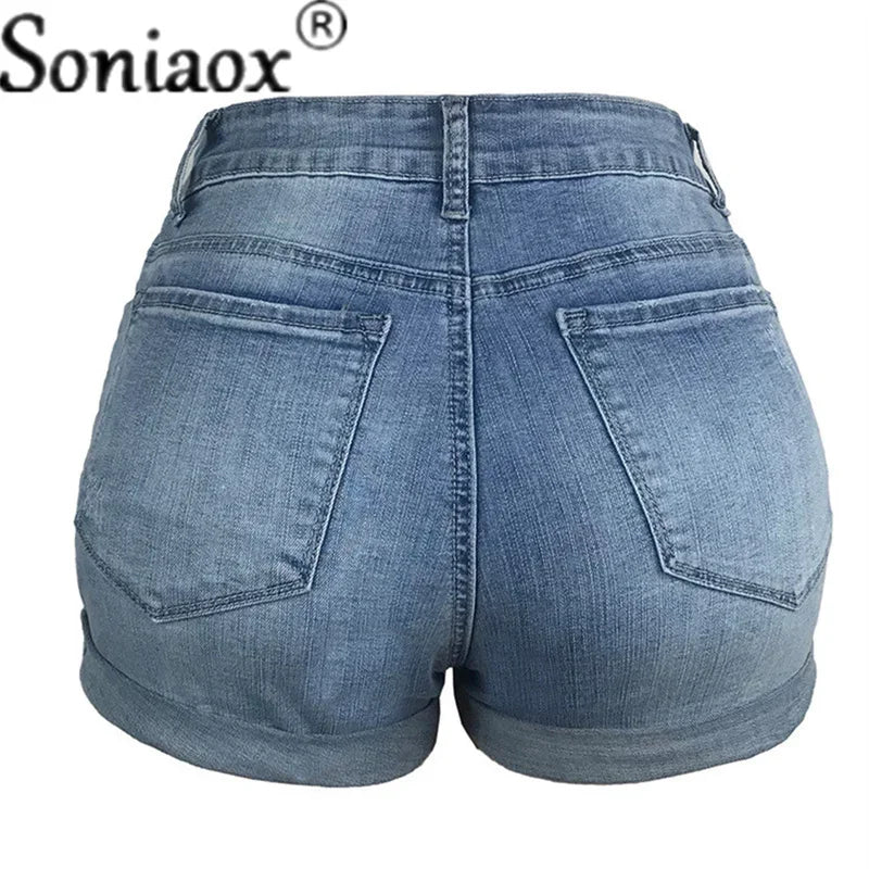 2024 Summer New Women Crimping Button Up Stretch Sexy Hole Jean Shorts High Waist Skinny Streetwear Trendy Ripped Denim Shorts