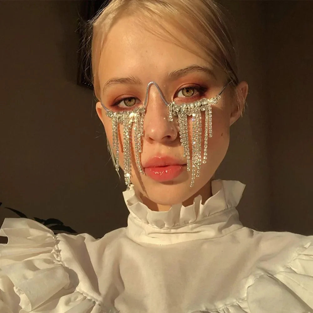 Fashion Tassel Half Metal Glasses Frame for Women Crystal Face Chain Jewelry Eyewear Kpop Makeup Rhinestone Accessory No Lens Ürün ana görseli