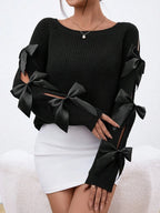 Fashionable bow details hollowed out raglan sleeves knit sweater round neck minimalist sweater