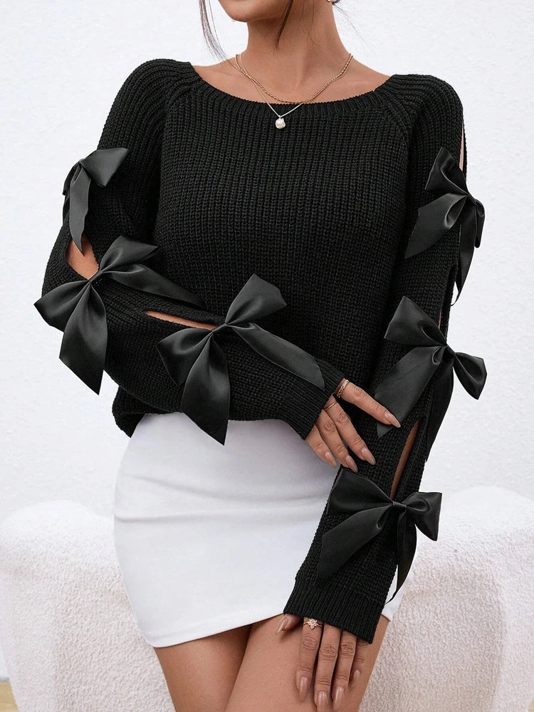Fashionable bow details hollowed out raglan sleeves knit sweater round neck minimalist sweater Ürün ana görseli