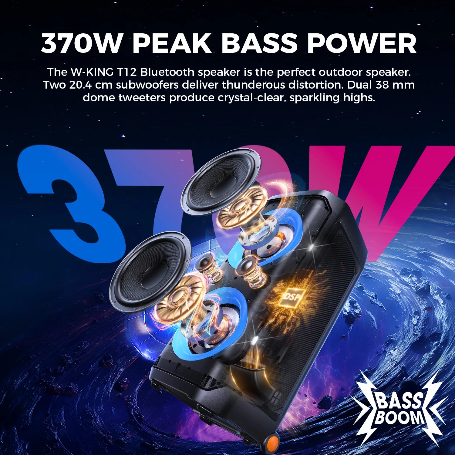 W-KING T12 Tragbare Bluetooth-Lautsprecher-Box mit 370W MAX Pro Sound, Lichtshow, CSB, Bass Boost, Rollen und Teleskopgriff Secondary image