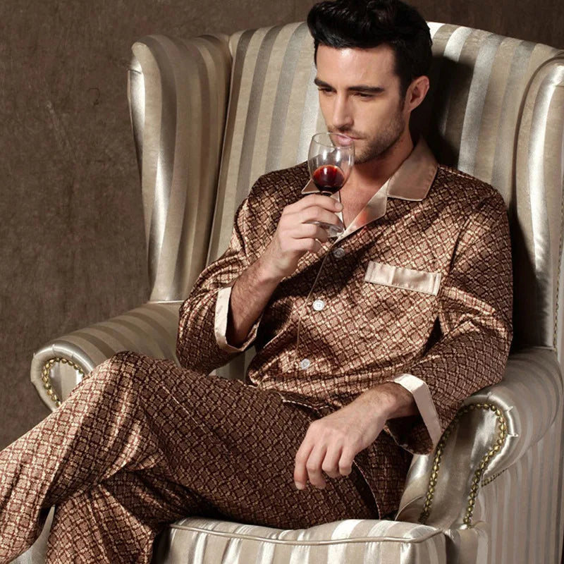 High Quality Pajamas Set Men Spring Autumn Thin Polyester Ice Silk Long-sleeved Sleepwear Plus Size Summer Home Clothes Male Ürün ana görseli