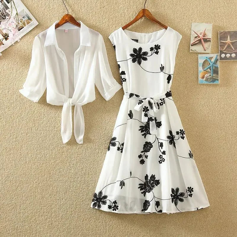 Elegant New Suit High Waist Sleeveless Slim A-line Skirt Floral Two-piece Dress Embroidery White Top Bow Belt Vintage Women