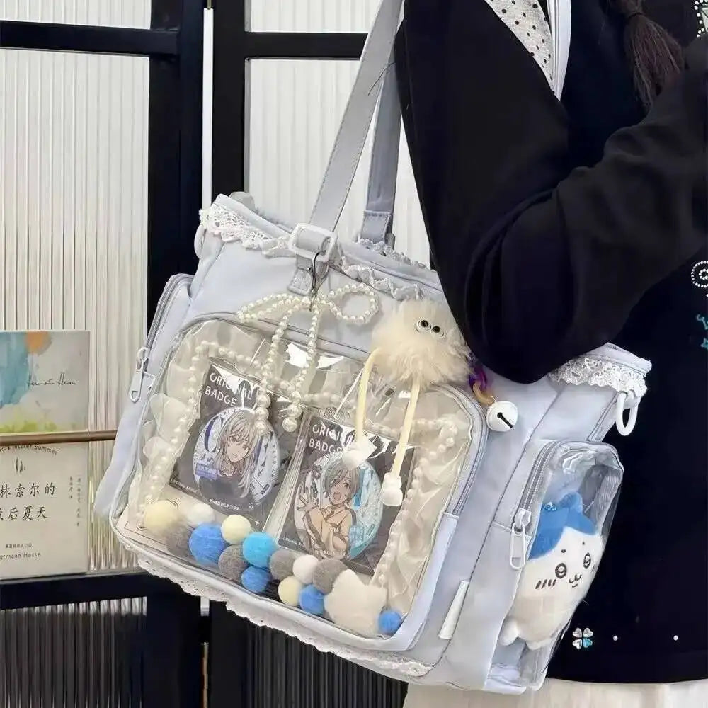 New Y2K Cute Japanese Ita Bag Lolita Girl Transparent Shoulder Tote Bag Large Capacity Crossbody Casual Bag DIY Display Handbags