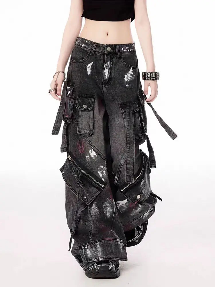 Y2K Harajuku Gothic Multi-Pocket Washed Black Jeans Men And Women 2000s Heavy Industry Drag Pants Street Hip Hop Wide Leg Pants Main image
