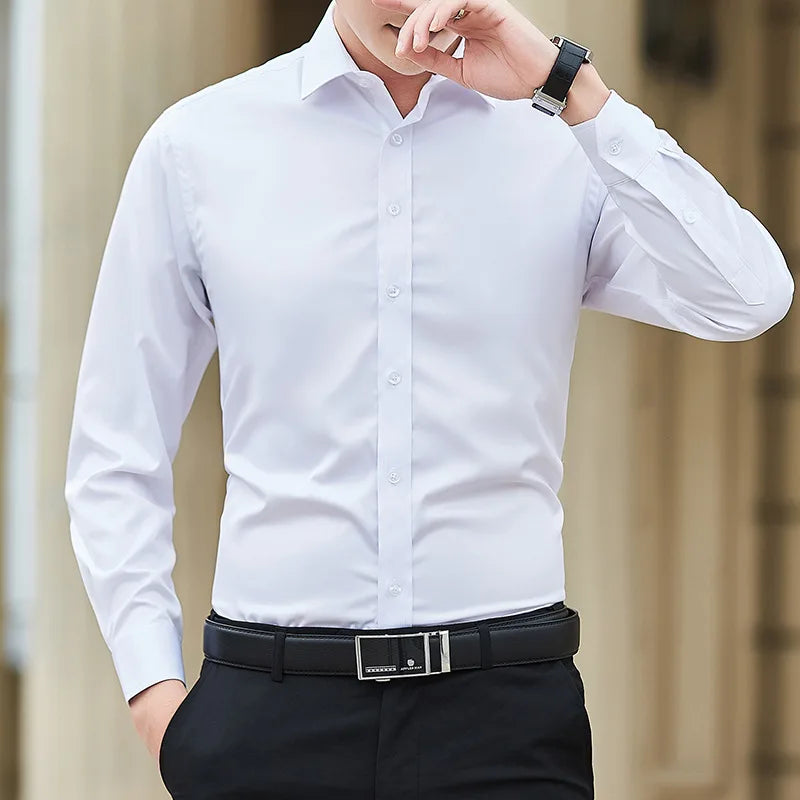 New Plus Size Men Solid Color Business Shirt Fashion Classic Basic Casual Slim White Long Sleeve Shirt Brand Clothes Ürün ana görseli