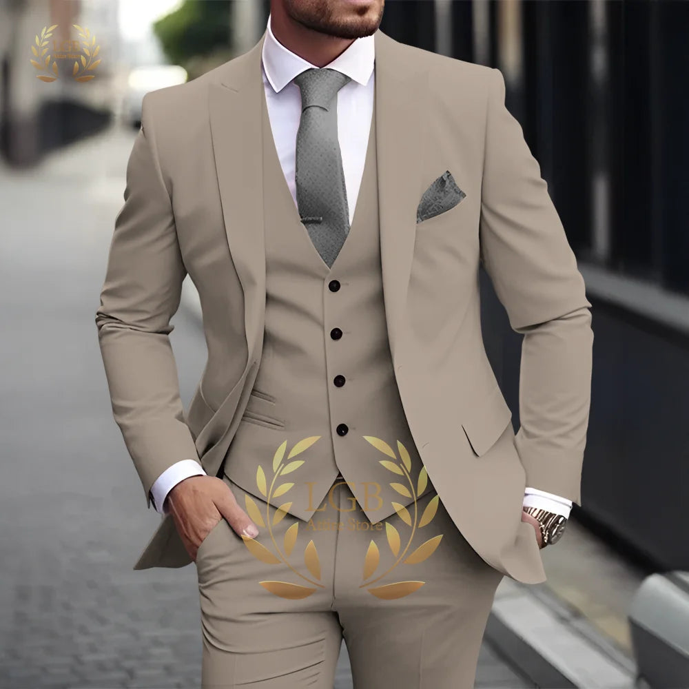 Men's Khaki 3-Piece Suit Classic Peak Lapel Business Formal Wedding Groom Slim Fit Elegant Gentleman Style Fashion Blazer Main image