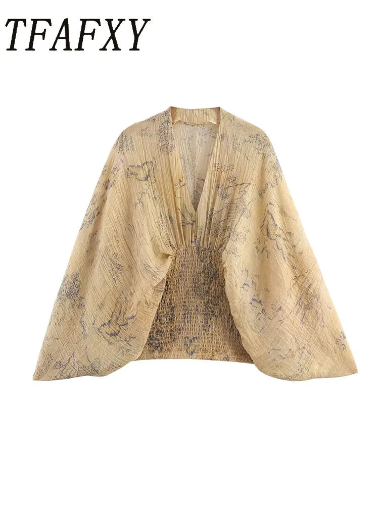 TFAFXY Women's Casual Blouse Printing V-Neck Bat Sleeve Folds Loose Blouse New Fashion Holiday Shirts Main image