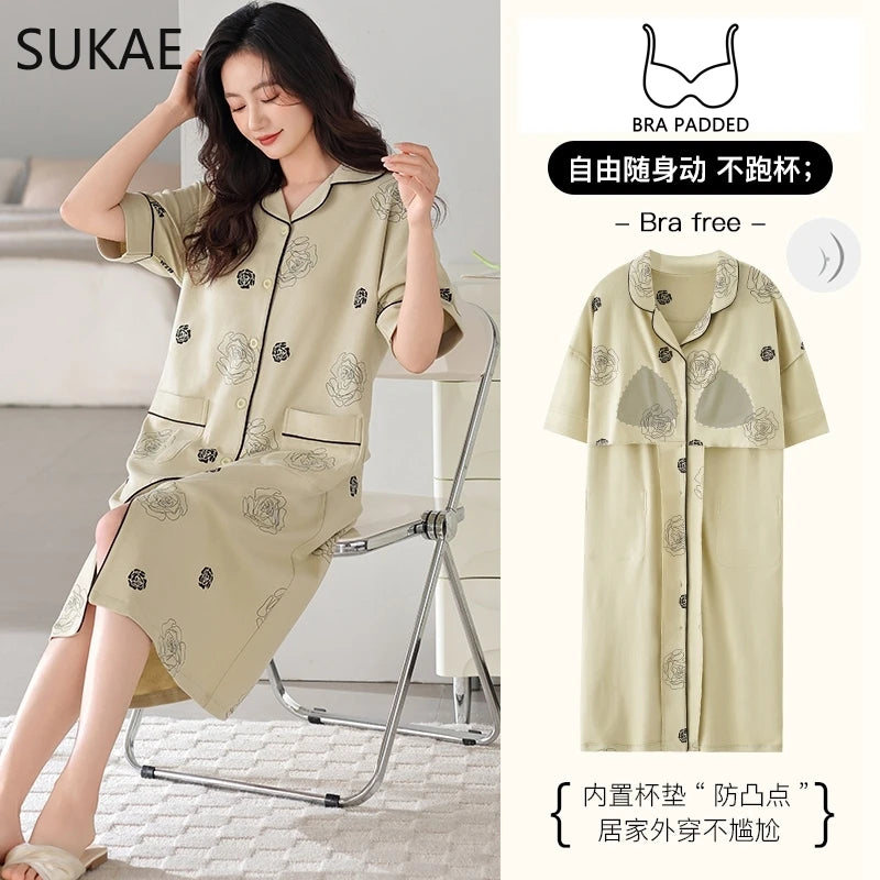 SUKAE Midi Nightdress M-5XL V-neck Bra Padded Botton Sleepshirt Plus Size Cotton Nightgowns Summer Women Short Sleeves Nightgown Ürün ana görseli