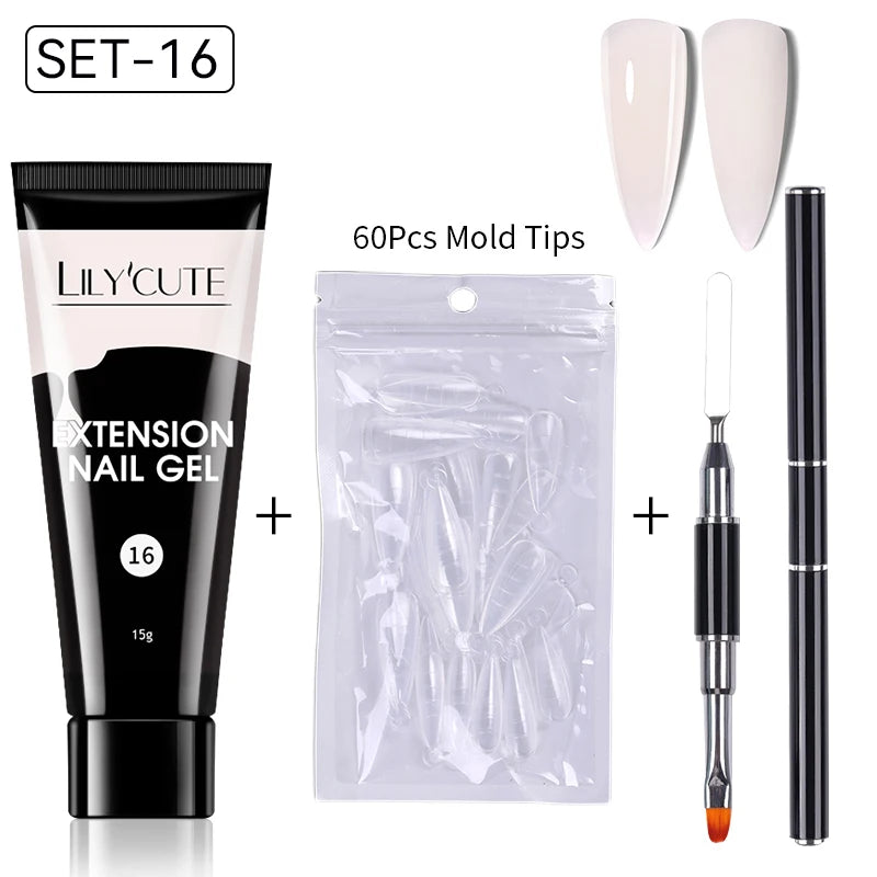 LILYCUTE 15ml Extension Gel Nail Polish Set Quick Nail Prolong With Extend Mold Nail Tips Acrylic Solution Manicure Tools Kit