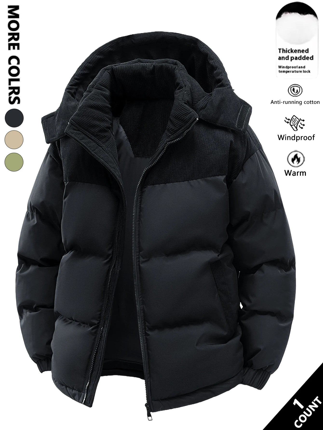 Men's Hooded Cotton Jacket, Thickeneded and Warm in Winter, Windproof and Cold-Resistant, Simple and Versatile for Work Clothing Ürün ana görseli