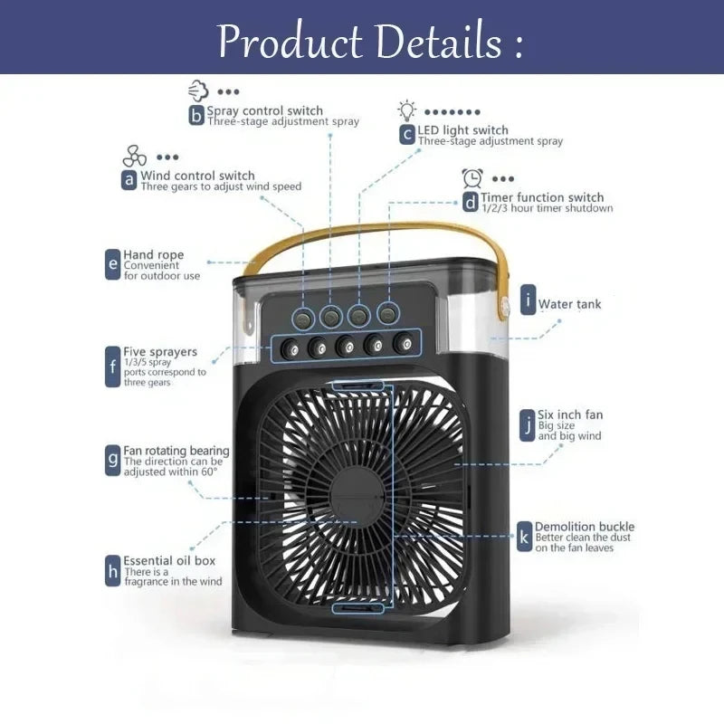 3 In 1 Mini Air Cooler Fan Portable Household Air Conditioner Humidifier LED Night Light For Home Office Desk Use25.5x18.5x8cm