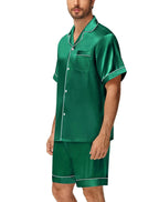 Men's Silky Satin 2Pcs Pajama Set Short-Sleeve Lapel Chest Pocket Shirt And Shorts Smooth Touch Soft Sleepwear Cozy Nightshirts